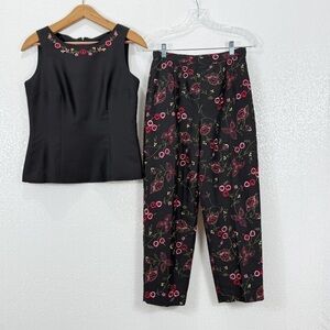 Talbots 2pc pant suit 100% silk embroidered Floral Embroidered Size 4P